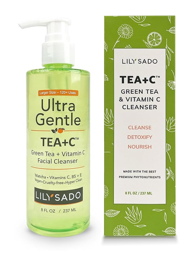 LILY SADO TEA+C™ Green Tea & Vitamin C Face Cleanser – Natural Vegan Antioxidant Daily Face Wash with Aloe, Rosehip, Meadowfoam - Gentle Deep Cleansing for Acne, Blackheads, Blemishes. 8 oz-Velvo Beauty