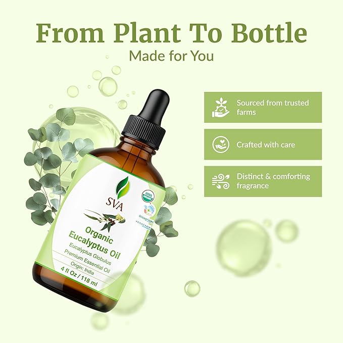 SVA Eucalyptus Essential Oil Organic – 4 Fl Oz – 100% Natural Organic Eucalyptus Oil - for Diffuser, Hair, Face, Skin Care, Aromatherapy, Scalp and Body Massage, Soap and Candle Making - with Dropper-Velvo Beauty