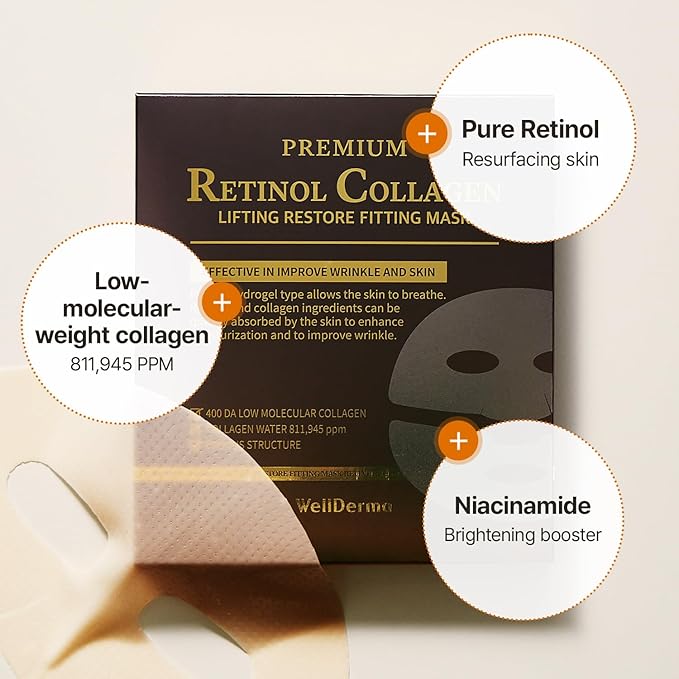 WELLDERMA Premium Retinol Collagen Restore Fitting Mask 4EA - Korean Collagen Face Mask for all around care, Wrinkles, Elasticity, Brightening, Deep Hydration, Face mask Skin Care-Velvo Beauty