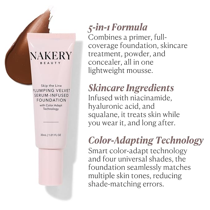 Nakery Full Coverage Foundation for Women - 5 in 1 Plumping Liquid Foundation Makeup - Serum Infused Makeup Foundation Smart Color Adapt with Niacinamide & Hyaluronic Acid for All Skin Types - Deep-Velvo Beauty