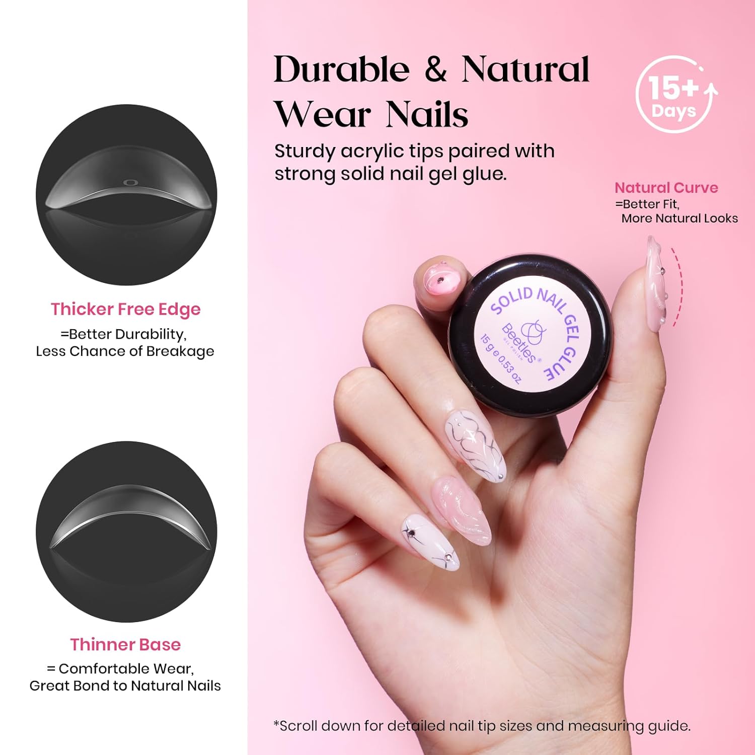 Beetles Gel Nail Kit, 300Pcs Almond Medium Nail Tips with Solid Nail Gel Glue,15 Sizes Soft Clear Nail Tips with Base Coat, Handheld Nail Lamp, Easy Nail Extension Set DIY Manicure Art Gift for Girls-Velvo Beauty