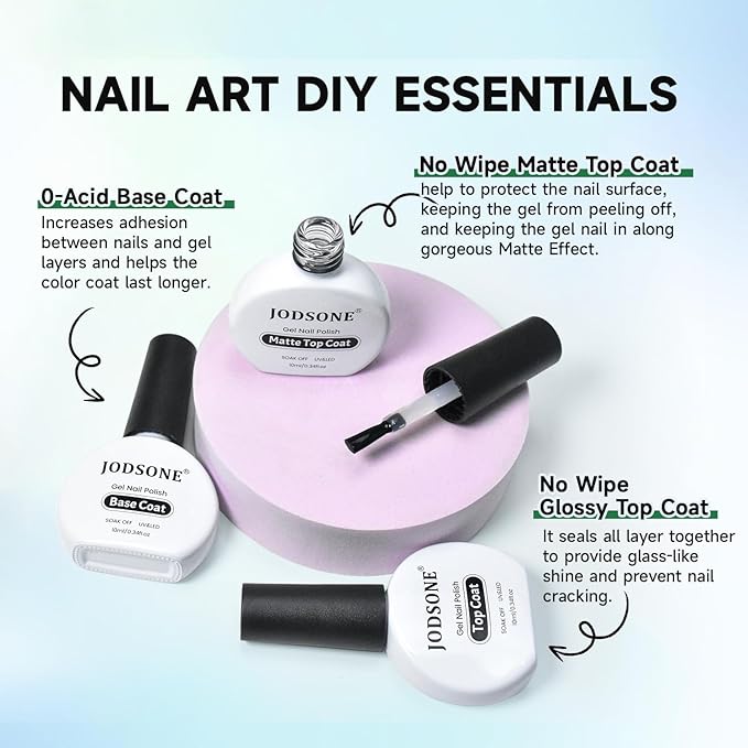 JODSONE Gel Nail Polish 20 Color Blue Red Matching Base Coat Glossy and Matte Top Coat 23 Bottles of 10ml Professional Nail Care Use-Velvo Beauty