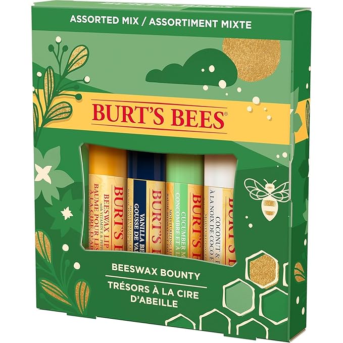 Burt's Bees Holiday Gift, 4 Lip Balms Stocking Stuffer, Assorted Mix Set, Classic Beeswax, Vanilla, Cucumber Mint & Coconut And Pear-Velvo Beauty