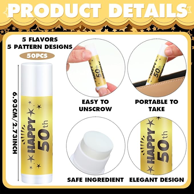 50 Sets Birthday Favors Lip Balm Gifts Bulk Moisturizing Lip Balm with 50 Organza Drawstring Gift Bag 50 Tags Birthday Party Supplies Gifts Bulk for Men and Woman (50th Birthday)-Velvo Beauty