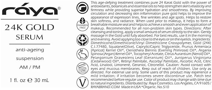 RAYA 24K Gold Anti-Aging Suspension (510) | Anti-Aging Facial Treatment Serum for All Skin Types | Made with Pure 24 Karat Gold | Softens and Helps Reduce Fine Lines and Wrinkles-Velvo Beauty