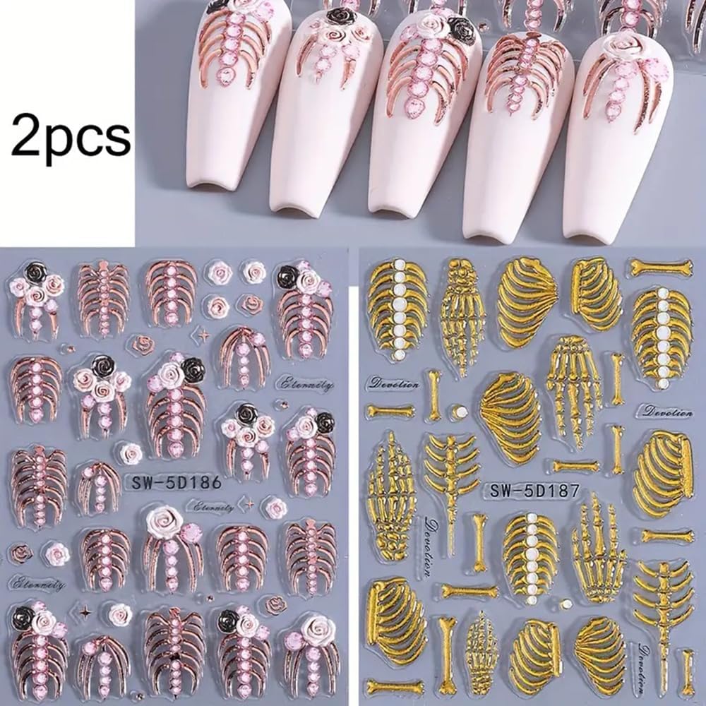 2 Sheets 5D Embossed Skull & Bone Nail Decals for Nail Art Self-Adhesive Halloween Nail Stickers Pink Hand Bone Rose Flower Nail Art Stickers Scary Gold Bones Design Decals for Women Nail Accessories-Velvo Beauty