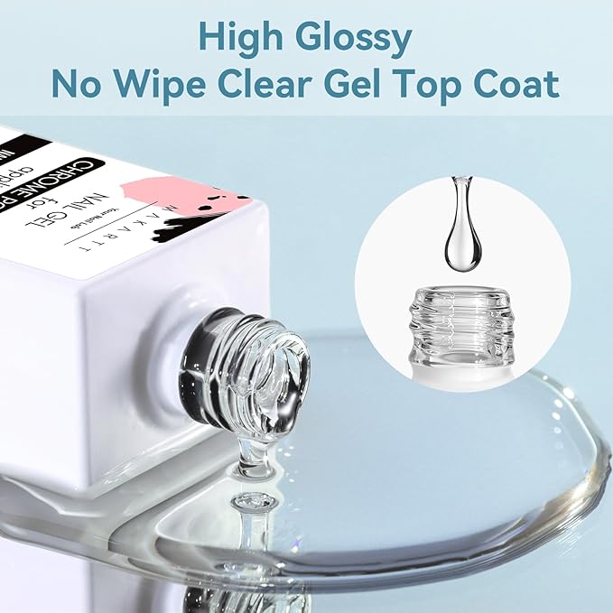 Makartt Gel Top Coat for Chrome Nail Powder - 2 Pcs 15ml Clear No Wipe High Gloss Top Coat Gel Nail Polish Mirror Shine Long Lasting Easy Application, Soak off UV Lamp, DIY Home Salon Art Design-Velvo Beauty