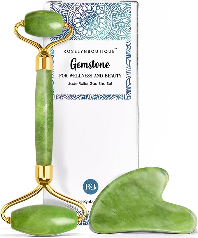 ROSELYNBOUTIQUE Gua Sha Facial Tools & Face Roller for Lift Wrinkless Natural Skincare Tool Jade Roller Guasha Tool for Face (Green)-Velvo Beauty