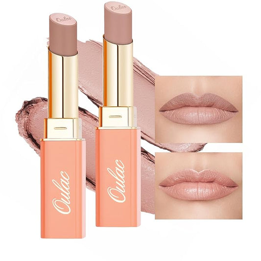 Oulac Beige Nude Satin Lipstick Set - Matte Lip Base, Full Coverage Lip Color, Satin Matte Finish, Cream Texture, Hydrating, Infused with Hyaluronic Acid, 4g*2 SG01+SG02-Velvo Beauty
