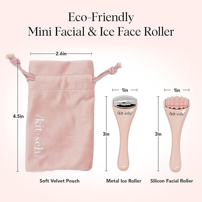 Kitsch Mini Facial Roller & Ice Face Roller Skin Care Tool Set for Women - Face Massager for Puffy Eyes, Cold Therapy, Lymphatic Drainage Massager, Self Care Gifts for Women & Men - Blush-Velvo Beauty