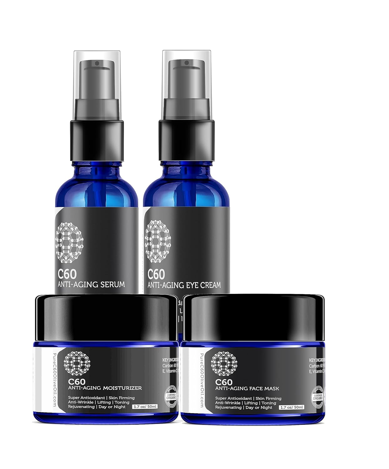 C60 Complete Skin Care Solution - Anti Aging Moisturizer, Mask, Eye Cream and Serum with Carbon 60 Superantioxidant - Brightening for Dark Spots, Even Skin Tone, Eye Area, Fine Lines & Wrinkles-Velvo Beauty