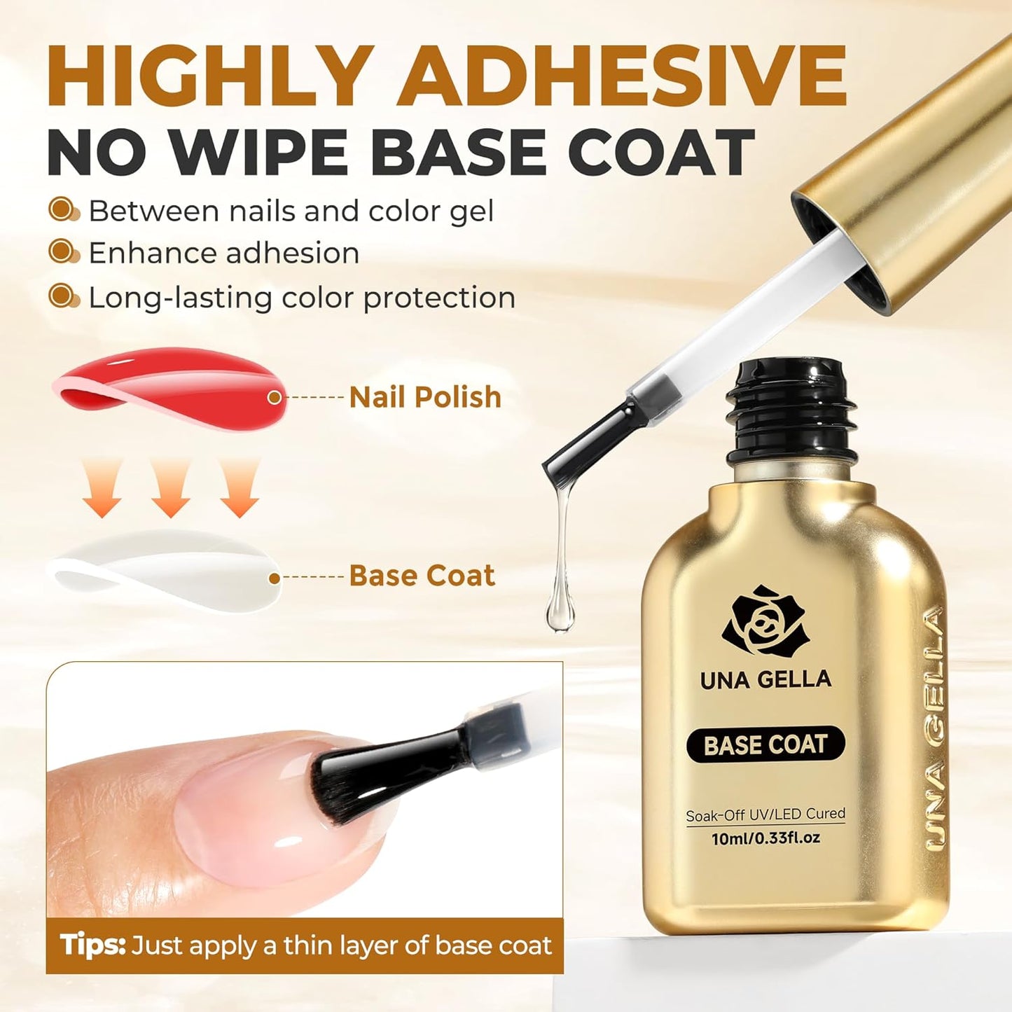 UNA GELLA No Wipe 2PCS Gel Top Coat Base Coat Set, Highly Glossy Top Coat Gel Nail Polish Strengthen and Acid-Free Clear Nail Base Soak Off, Key to Manicure for Her (U V Cure Need)-Velvo Beauty