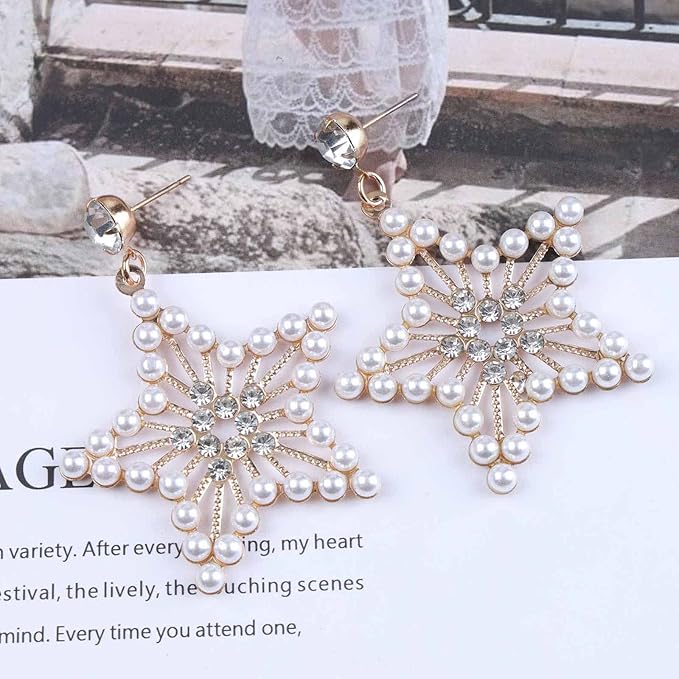 Vintage Pearl Star Drop Earrings Crystal Star Dangle Earrings Gold Rhinestone Stud Earrings Bohemian Large Star Statement Earrings Jewelry for Women and Girls Gifts-Velvo Beauty