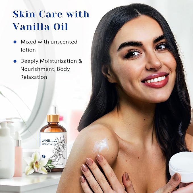 HIQILI Vanilla Essential Oil, Undiluted Natural Strong Fragrance Add in Skin Perfume, Unscented Lotion, Candle Soap Making Scent, Relax at Home with Diffuse Warm Sweet Aroma -100ML-Velvo Beauty