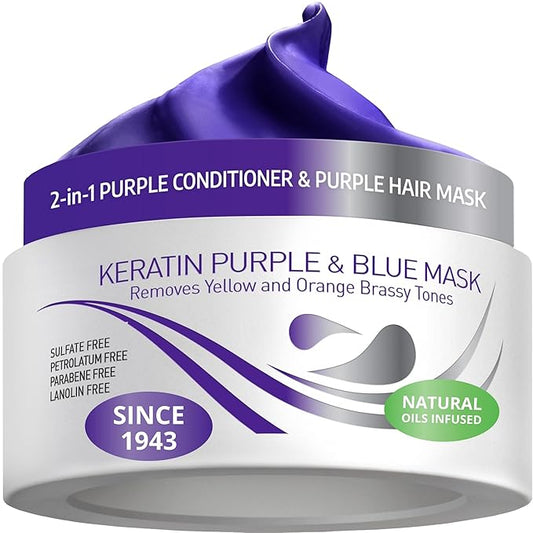 VITAMINS hair cosmetics Keratin Purple Hair Mask - Violet Blue Protein Deep Conditioner Treatment - Toner for Blonde Platinum Silver Gray Ash or Brown Colored Dry and Damaged Brassy Hair-Velvo Beauty