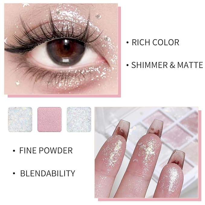 Erinde 9 Colors Eyeshadow Palette, Matte Shimmer Glitter Eye Shadow Palette Makeup, Highly Pigmented Long Lasting Waterproof, Colorful Sequins Sparkle Eyeshadow Makeup Pallet-Velvo Beauty