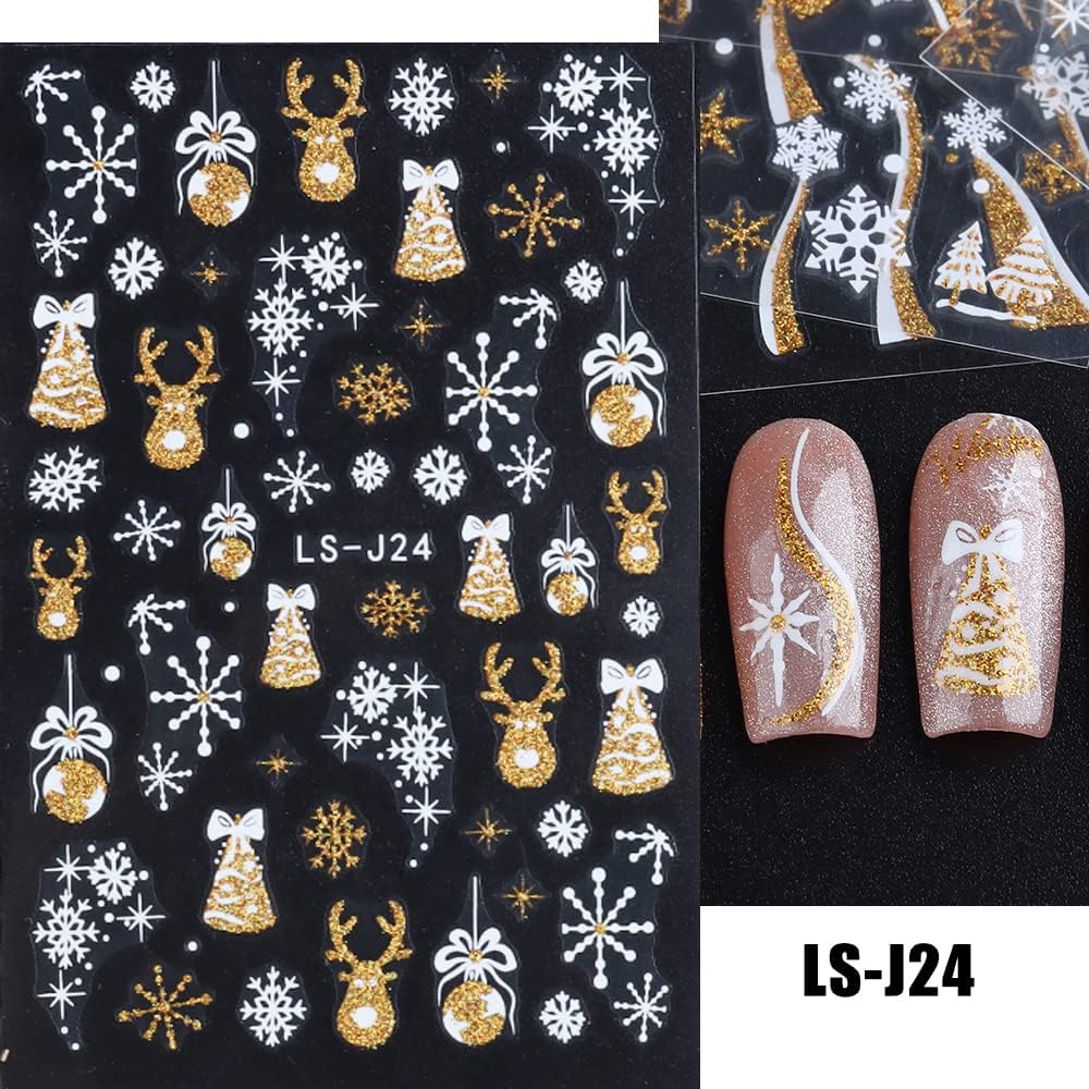 8 Sheets Christmas Glitter Nail Art Stickers Decals Self-Adhesive Pegatinas Uñas Holiday Gold Silver Reindeer Line Snowflake Nail Supplies Nail Art Design Decoration Accessories-Velvo Beauty