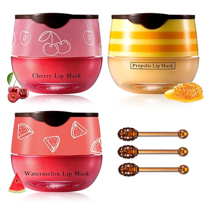 Honey Pot Lip Balm,3PCS Bee Lip Balm Honey Pot Cherry Watermelon Lip Scrub,Fade Lip Lines Prevention Dry and Cracked Lip Mask Overnight (Honey+Watermelon+Cherry)-Velvo Beauty