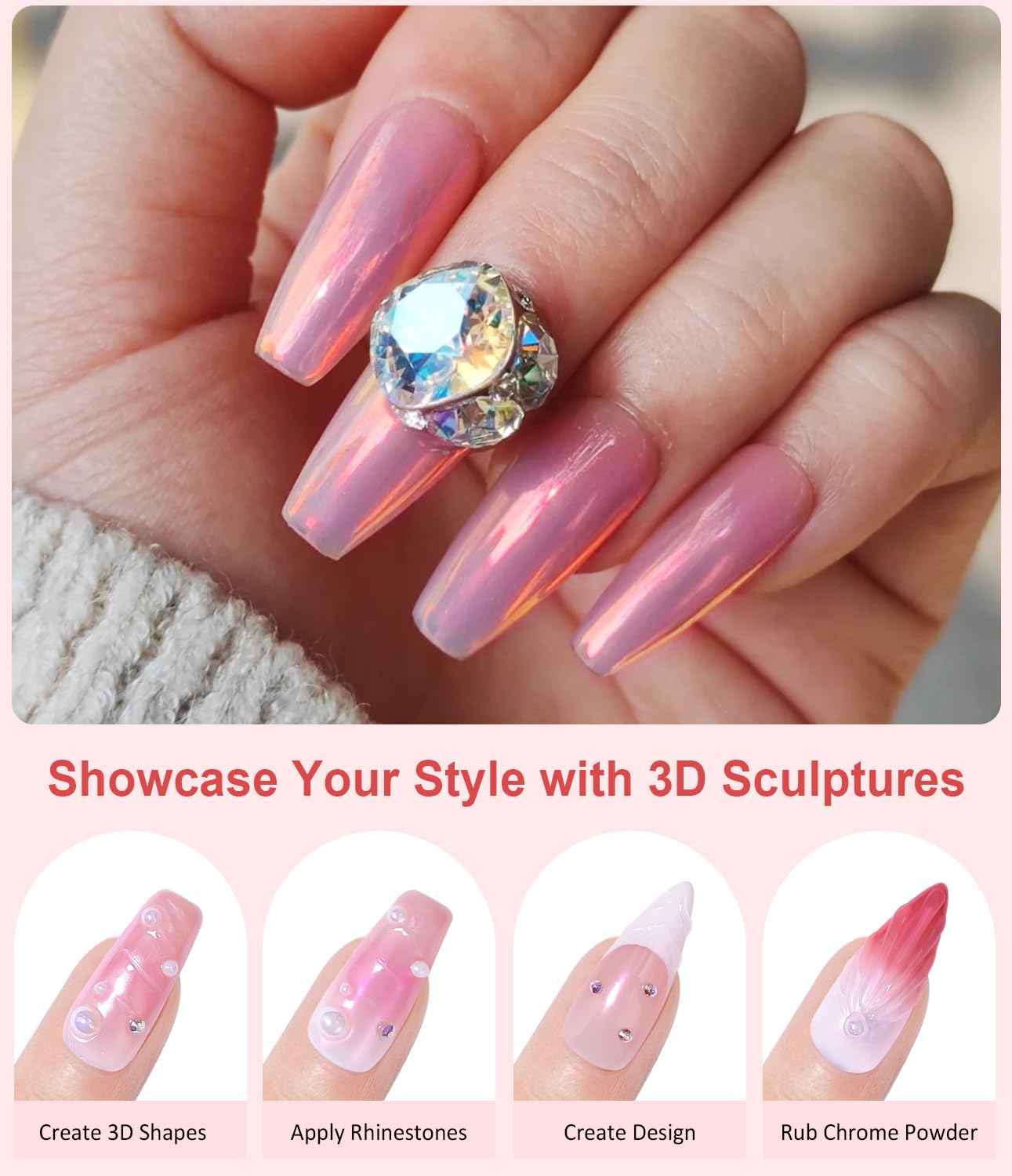 Pearl Chrome Nail Powder BISHENGYF -【Fairy Effect】 Pink Chrome Nail Powder White Pearlesent Aurora Mermaid Iridescent Nail Chrome Powder, Metallic Mirror Glitter Pigment Dust for Nail Art DIY 2PCS-Velvo Beauty