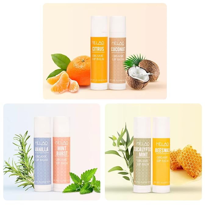 Lip Balm with Nourishing and Hydrating for Dry Cracked Lips, Natural and Organic Ingredients Lip Butters, Lip Balm Set (6 Pack), 6 Scents(Coconut, Citrus, Mint, Eucalyptus Mint, Honey, Vanilla)-Velvo Beauty