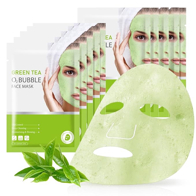 10 Sheets Face Masks Skincare O2 Bubble Green Tea Face Mask, Cleaner Bubble Sheet Masks Foaming Purifying Facial Mask for Pores, Moisturizing Spa Face Masks Skin Care For All Skin Type-Velvo Beauty