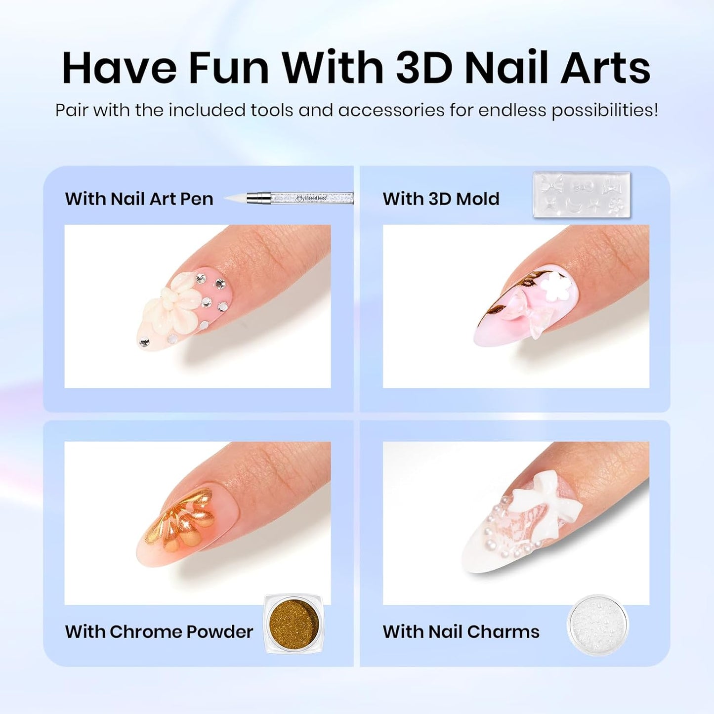 Beetles 3D Nail Art Brushes, Dual-ended Silicone Manicure Tool, Gold Chrome Nail Powder, 15mm Liner Brush, Dotting Tool with Flowers Bowknot Mold, Pearls, for 3D Manicure Design Carving Drawing Effect-Velvo Beauty