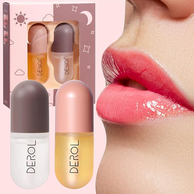 DEROL 2Pcs Natural Lip Plumper, Plant Extracts Plumping Lip Serum, Lip Enhancer Including Day and Night Lip Plumping Balm, Lip Care Serum for Fuller & Hydrated Sexy Lip (5.5MLX2)-Velvo Beauty