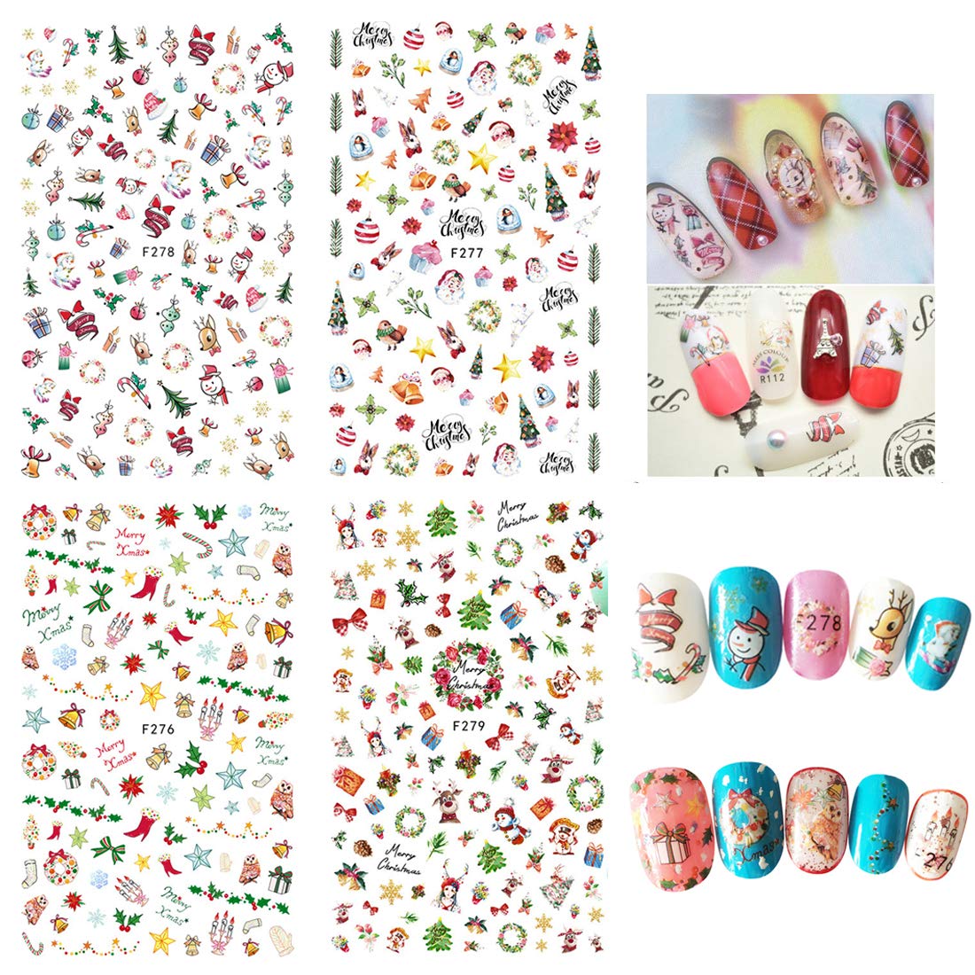 1000 Patterns Christmas nail art sticker decals, Kalolary Self-Adhesive Nail Stickers Santa Claus Snowflake Snowman Christmas Bell Tree Stick Elk for Christams Nail Decoration Gift(12 Sheets)-Velvo Beauty