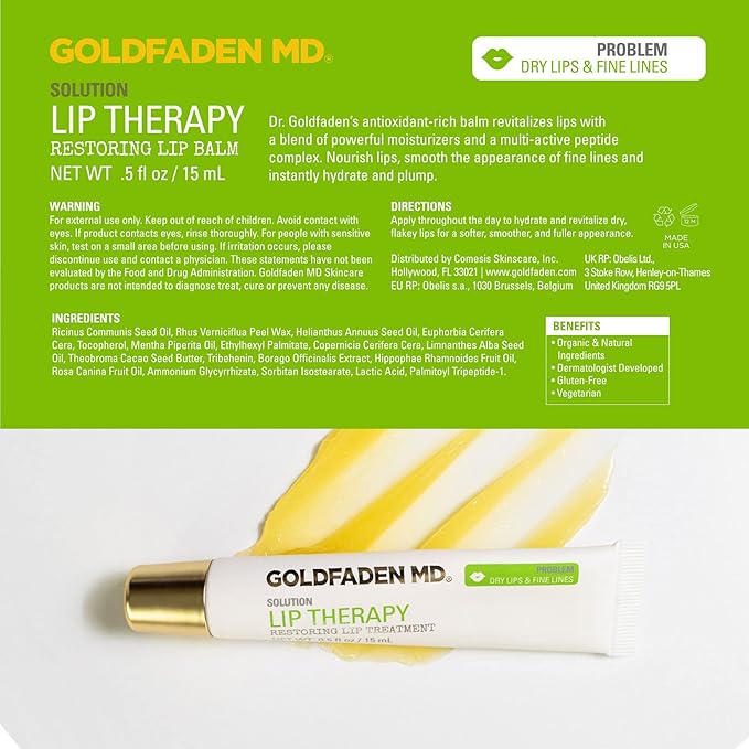 Goldfaden MD Lip Therapy | Restoring Lip Treatment | w/Peptides, Hyaluronic Acid, Fruit Berry Wax, Borage Oil, Rose Hip Oil & Vitamin E | Nourishes, Hydrates & Plumps Appearance 0.5 ﬂ oz / 15 mL-Velvo Beauty