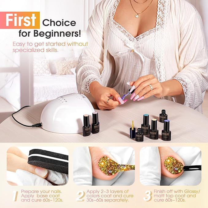 ROSALIND Glitter Gel Nail Polish, 8 Color Gold Glitter Gel Polish Sparkle Diamond Effect Sparkling Collection Soak Off Led Nail Art DIY Salon Gifts For Women-Velvo Beauty