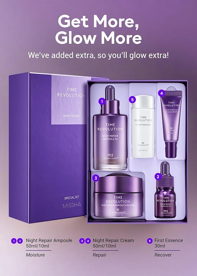 MISSHA Time Revolution Night Repair 5X Gift Set Night Repair Ampoule and Cream 5X, The First Essence 5X for Youthful, Glowing Skin-Velvo Beauty