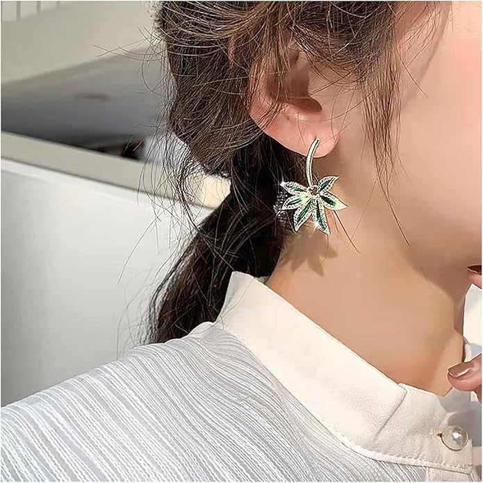 Vintage Emerald Pot Leaf Earrings Green Leaf Drop Earrings Green Marijuana Leaf Earrings Gold Cz Leaf Dangle Earrings Jewelry for Women-Velvo Beauty