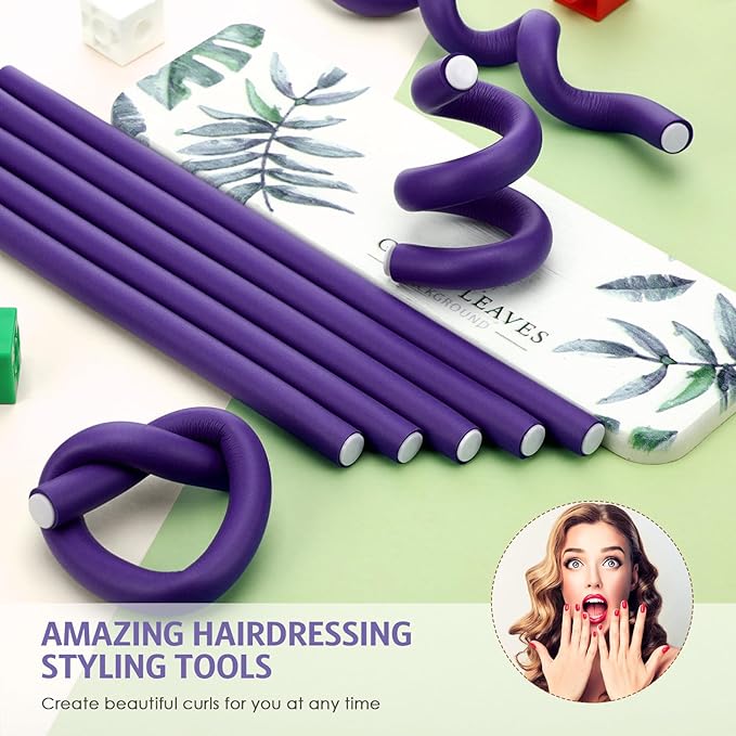 Syhood 30 Pcs 7'' Flexible Curling Rods Twist Foam Hair Rollers Soft Foam No Heat Hair Rods Rollers and 1 Steel Pintail Comb Rat Tail Comb for Women Long Short Hair(Purple,7 x 0.47 Inch)-Velvo Beauty