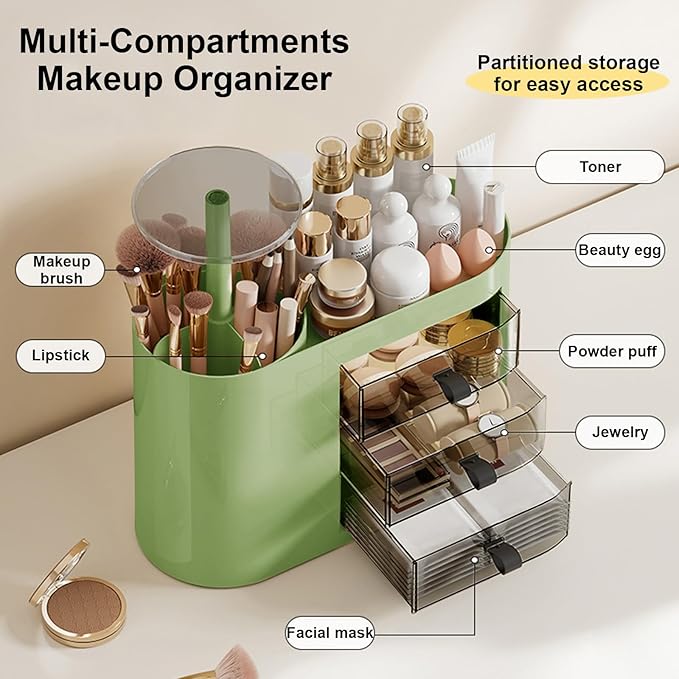 DASITON Makeup Organizer with 3 Drawers,Automatic Lifting Makeup Brush Holder with Lid,Large Capacity Makeup Organizers for Vanity,Bathroom Countertop,Ideal Storage Skin Care,Brushes,Lipstick (Green)-Velvo Beauty