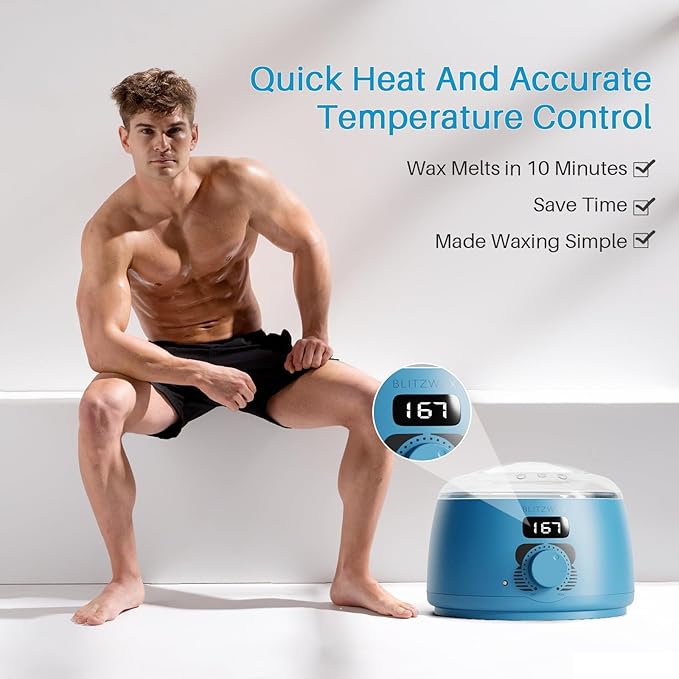 BLITZWAX Back and Nose Waxing Kit for Men, Hard Wax Warmer for Brazilian, Body and Face, At Home Hair Removal Kit, Beginner Friendly, Quick Heating, 93 Accessories, Royal Blue-Velvo Beauty