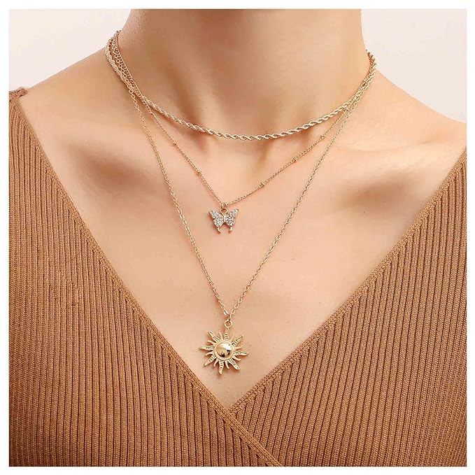 Bohemia Layered Sun Necklace Choker Crystal Butterfly Pendant Necklace Gold Rope Chain Necklace Vintage Sunflower Necklace Jewelry for Women and Girls-Velvo Beauty