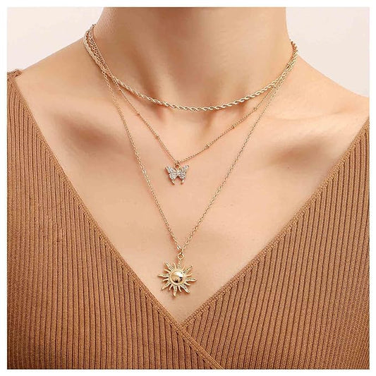 Bohemia Layered Sun Necklace Choker Crystal Butterfly Pendant Necklace Gold Rope Chain Necklace Vintage Sunflower Necklace Jewelry for Women and Girls-Velvo Beauty
