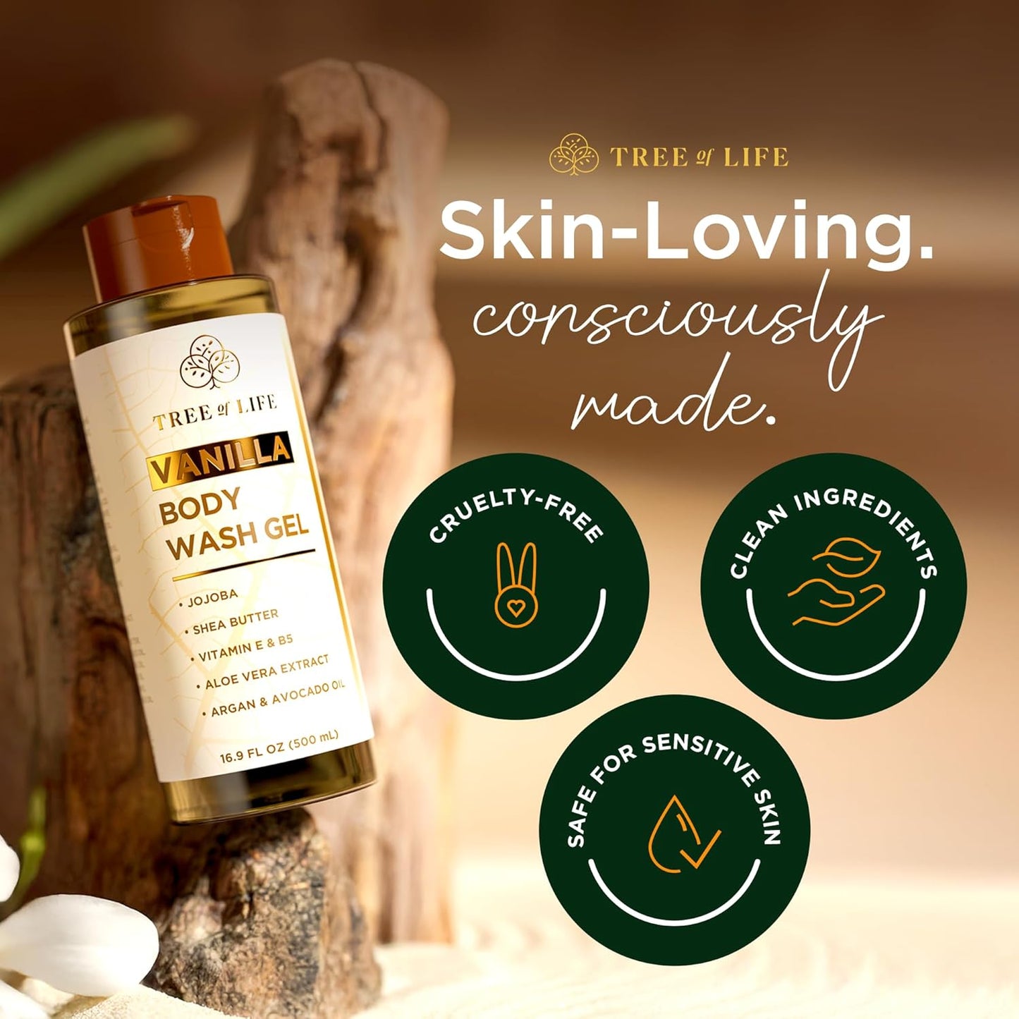 Tree of Life Vanilla Body Wash Gel - Moisturizing Shower Gel with Jojoba Oil and Shea Butter Hydrating Body Wash for Sensitive Skin and All Skin Types, 16.9 fl oz-Velvo Beauty