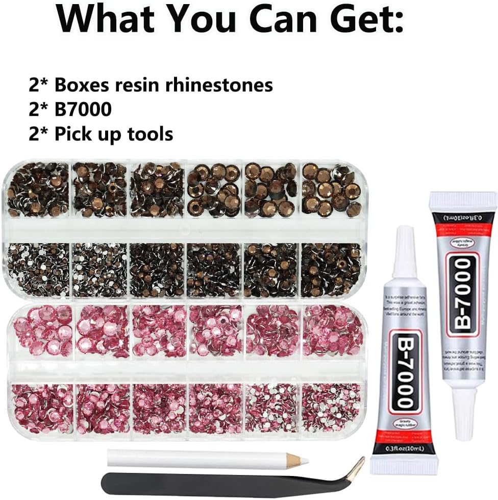Brown And Pink Rhinestones with Glue(S8-S30) for Bedazzling,2mm-6mm Non-Hotfix Flatback Nail Gems Beads with B7000, Resin Nail GemsStones Diamond Kit for Bedazzle Crafting, Nails DIY Art Decoration-Velvo Beauty