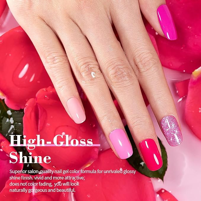 RARJSM Pink Gel Nail Polish Set 6 Pcs Pale Light Pink Neon Hot Pink Rose Glitter Fuchsia Sweet Cherry Colors Gel Polish Soak off 7.5ml UV LED Cured for Summer Home Salon Spring Nails-Velvo Beauty