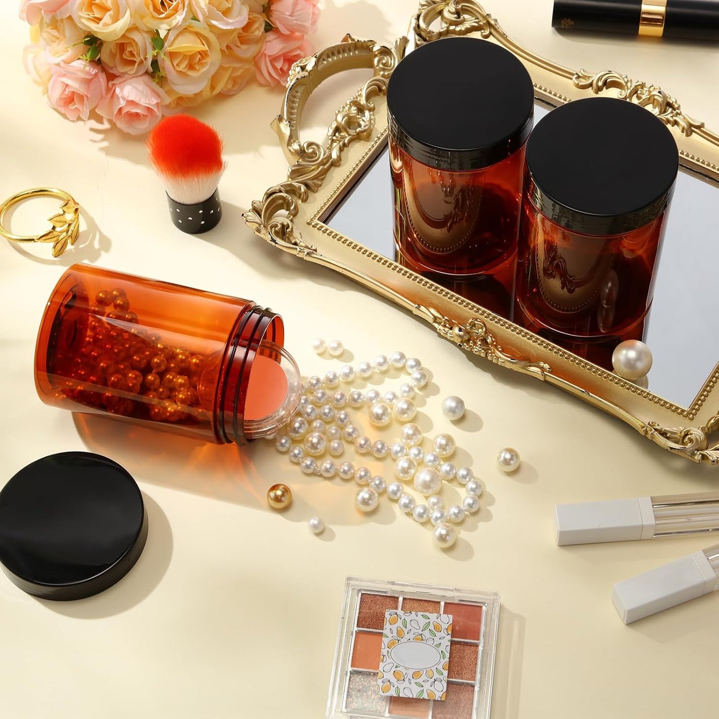 SATINIOR 100 Pcs Plastic Jars with Lids Small Containers Lids Wide Mouth Small Plastic Containers for Lotion Cream Rhinestones Body Butters Travel Storage(10 oz, Amber)-Velvo Beauty