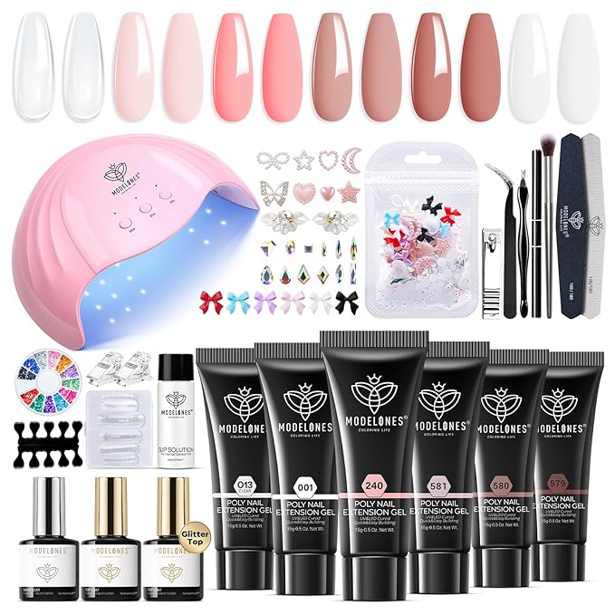 Modelones Poly Extension Gel Nail Kit, 6 Colors Pink Nude with 48W U V/LED Lamp Slip Solution 3D Bow Pearl Charms Decoration Rhinestone Glitter Tools for Manicure Beginner Starter Kit DIY at Home-Velvo Beauty