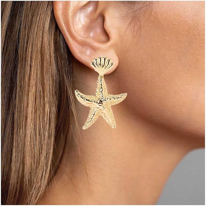Vintage Starfish Dangle Earrings Starfish Drop Earrings Gold Metal Seashell Stud Earrings Hammered Starfish Earrings Jewelry for Women-Velvo Beauty