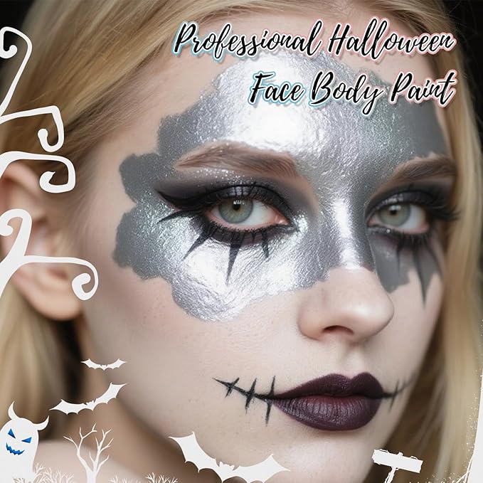 Sliver Water Based Face Body Paint, 2.37 OZ Large Tube Full Coverage Face Paint for Skull Goth Cosplay, Washable Metallic Silver Body Painting Cream for Adult Carnival Halloween SFX Makeup-Velvo Beauty