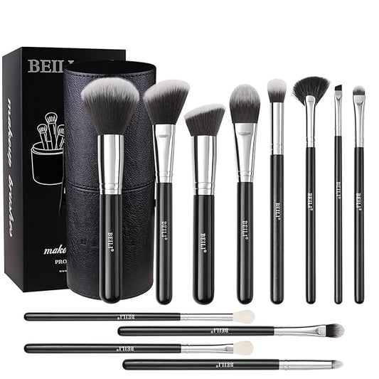 BEILI Makeup Brushes 12pcs Makeup Brushes Set with Holder Premium Synthetic Kabuki Foundation Brush Blending Blush Concealer Full Face Makeup Brushes Kit With Gift Box(Black)-Velvo Beauty