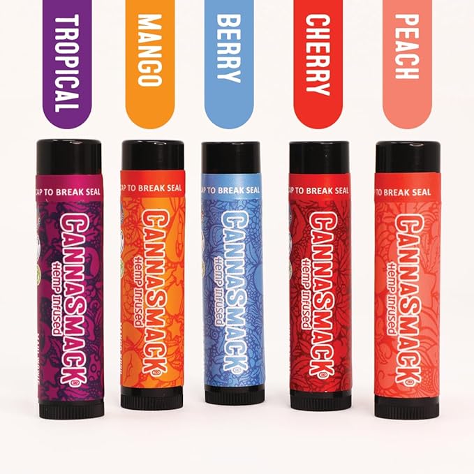 CannaSmack Natural Hemp Lip Balm - Sooth, Protect, & Moisturize Your Lips. 5 Flavors - Mango, Tropical, Peach, Berry, & Cherry - Beeswax, Hemp Seed Oil, Coconut Oil, & Vitamin E - Cruelty Free-Velvo Beauty