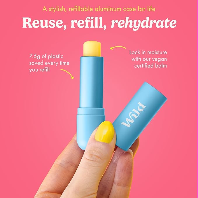Wild Refillable Lip Balm Starter Kit - Includes Blue Aluminum Case & 3 Pack Lip Balm Refills in a Variety of Scents - Includes Coconut & Vanilla, Passionfruit Swirl & Watermelon Flavors-Velvo Beauty