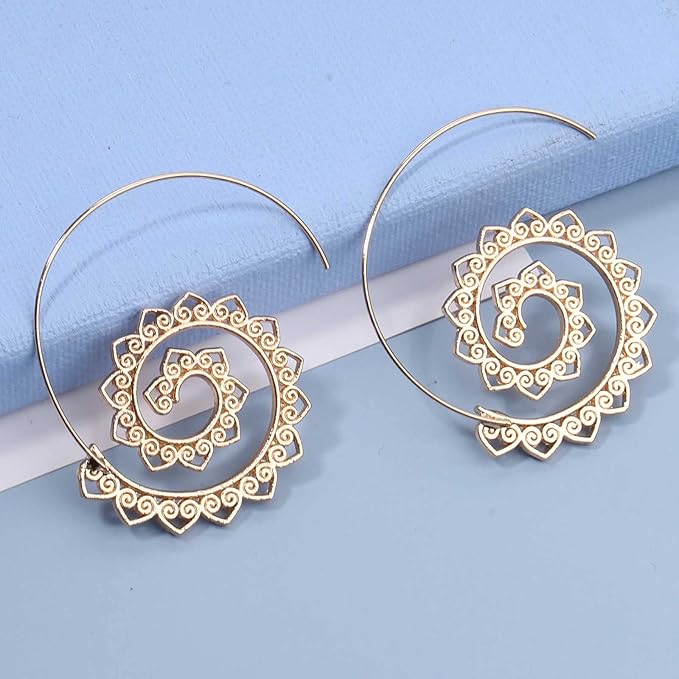 Bohemia Mandala Spiral Earrings Gold Vortex Gear Earrings Exaggerated Hoop Earrings Large Circular Swirl Earrings Indian Tribal Earrings Jewelry for Women and Girls-Velvo Beauty