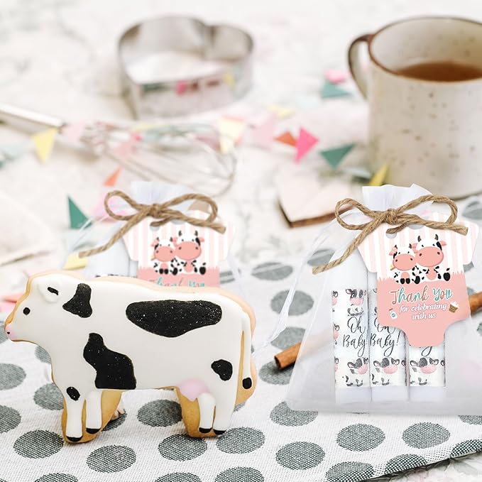 Demissle 50 Pcs Baby Shower Lip Balm Gift Set with 100 Pcs Organza Bags Baby Shower Party Favor for Guest Thank You Tag Rope Baby Shower Party Decoration Gender Reveal Souvenirs(Cow)-Velvo Beauty