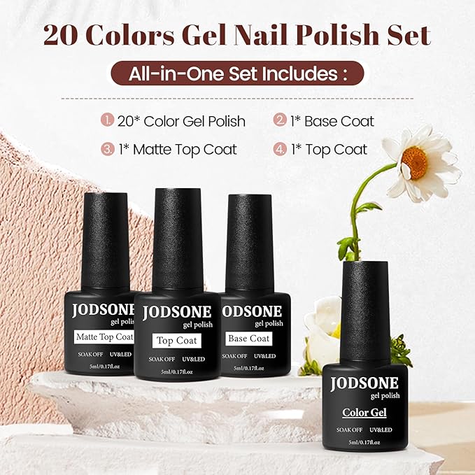 JODSONE 23 PCS Gel Nail Polish Set with Base Glossy and Matte Top Coat Multicolored Gel Nail Long Lasting Suitable for All Seasons-Velvo Beauty